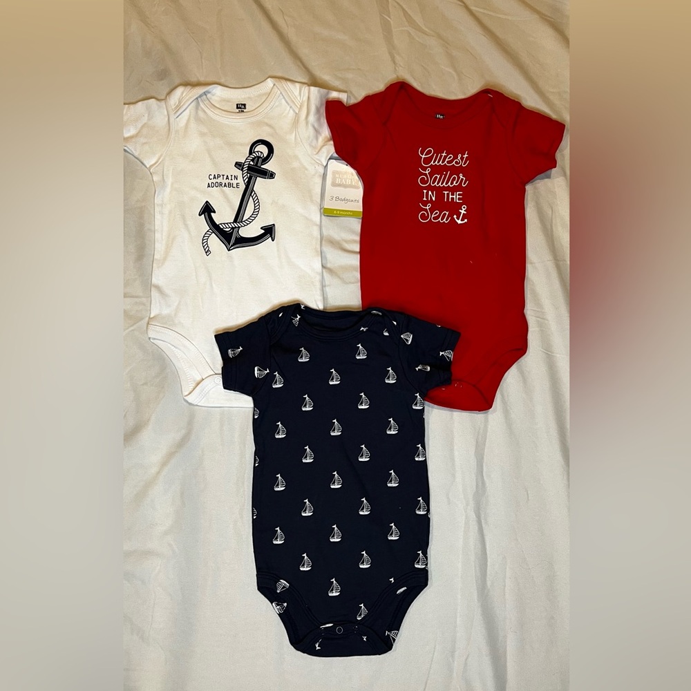 Hudson Baby Onesies 3-Pack (6–9M) – Nautical Sailor Theme – NEW